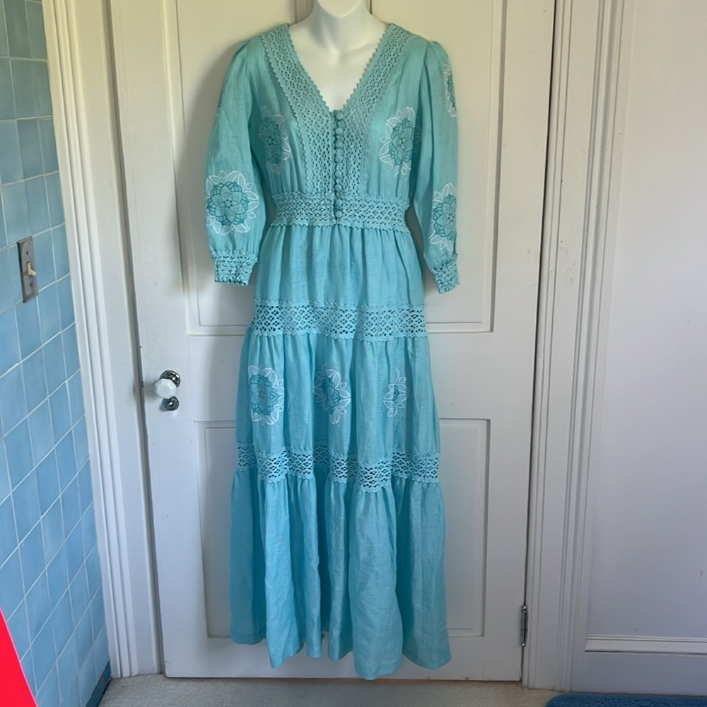 Tyler Boe Celia Linen Maxi Dress with lace & embroidery S Capri Blue - Picture 2 of 6